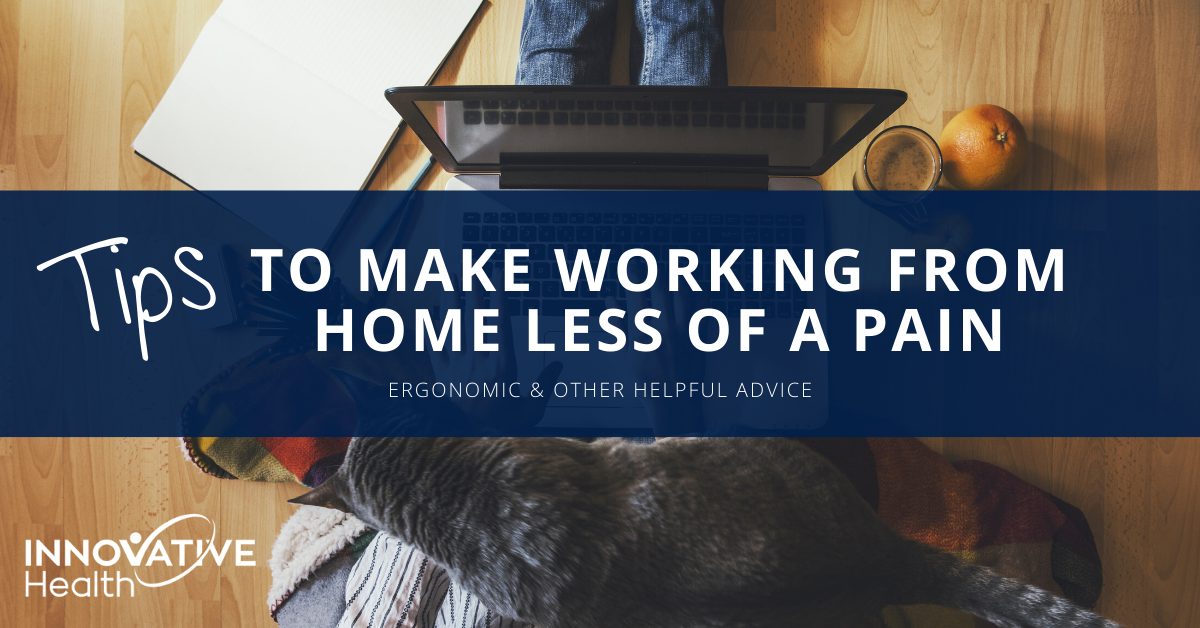 A person working from home in their home office while a cat crawls on top of them with the Innovative Health logo