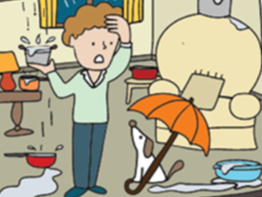 Person in living room with buckets and pails to catch dripping water